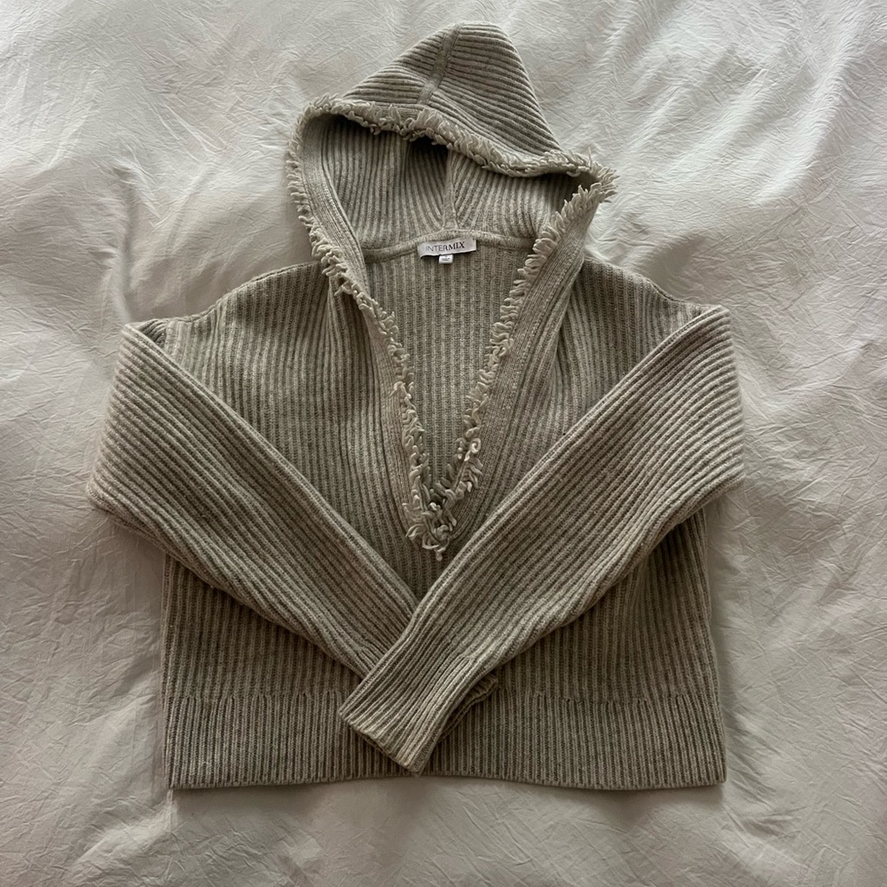 Intermix Wool Cashmere Fringe Hooded Long Sleeve